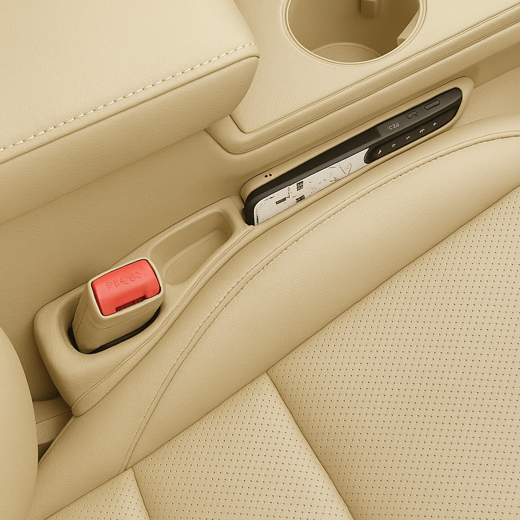Enchedor de espaço para banco de carro, evita queda de objetos entre o banco e o console. Kit com 2 peças, fácil de instalar e lavável.