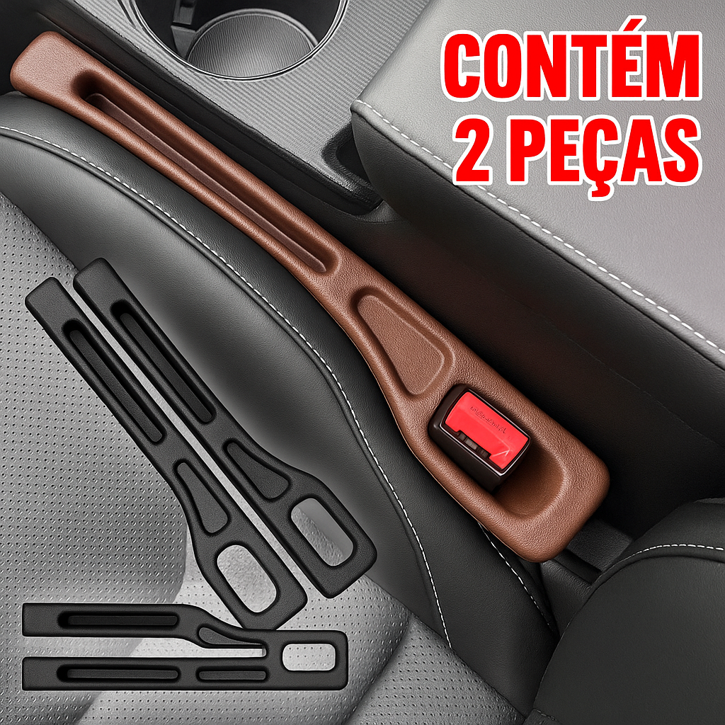 Enchedor de espaço para banco de carro, evita queda de objetos entre o banco e o console. Kit com 2 peças, fácil de instalar e lavável.