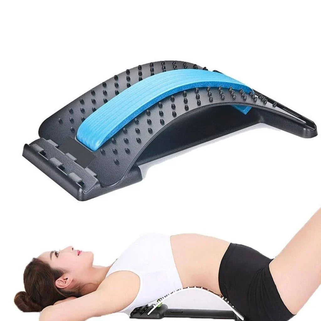 Aparelho ergonômico para alongamento lombar com níveis ajustáveis e pontos de acupressão para aliviar dores e melhorar a postura