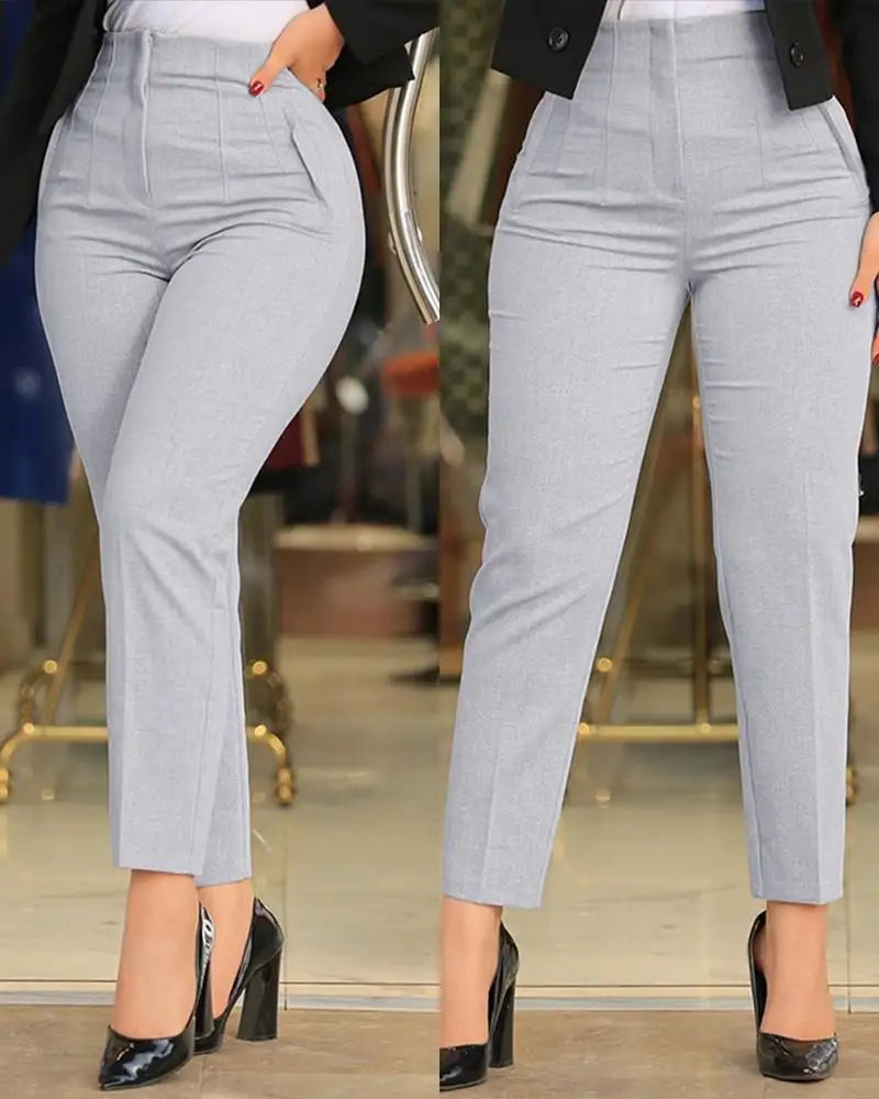 Calça alfaiataria feminina cintura alta, modelagem slim ou reta, tecido sofisticado com elastano. Perfeita para trabalho e ocasiões elegantes.