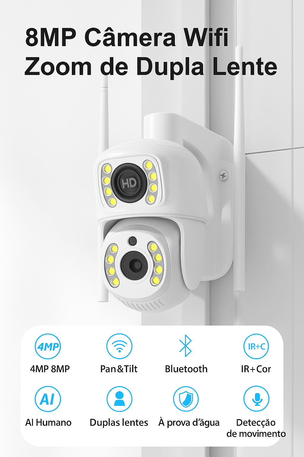 Câmera de segurança 4K com Wi-Fi, lente dupla, rotação PTZ, visão noturna e proteção IP66. Ideal para monitoramento residencial ou comercial.