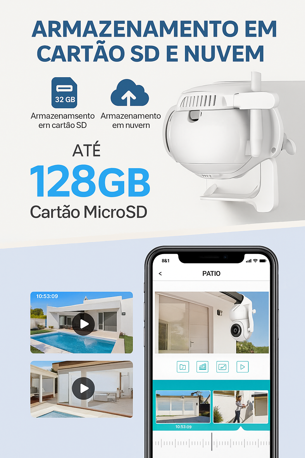 Câmera de segurança 4K com Wi-Fi, lente dupla, rotação PTZ, visão noturna e proteção IP66. Ideal para monitoramento residencial ou comercial.