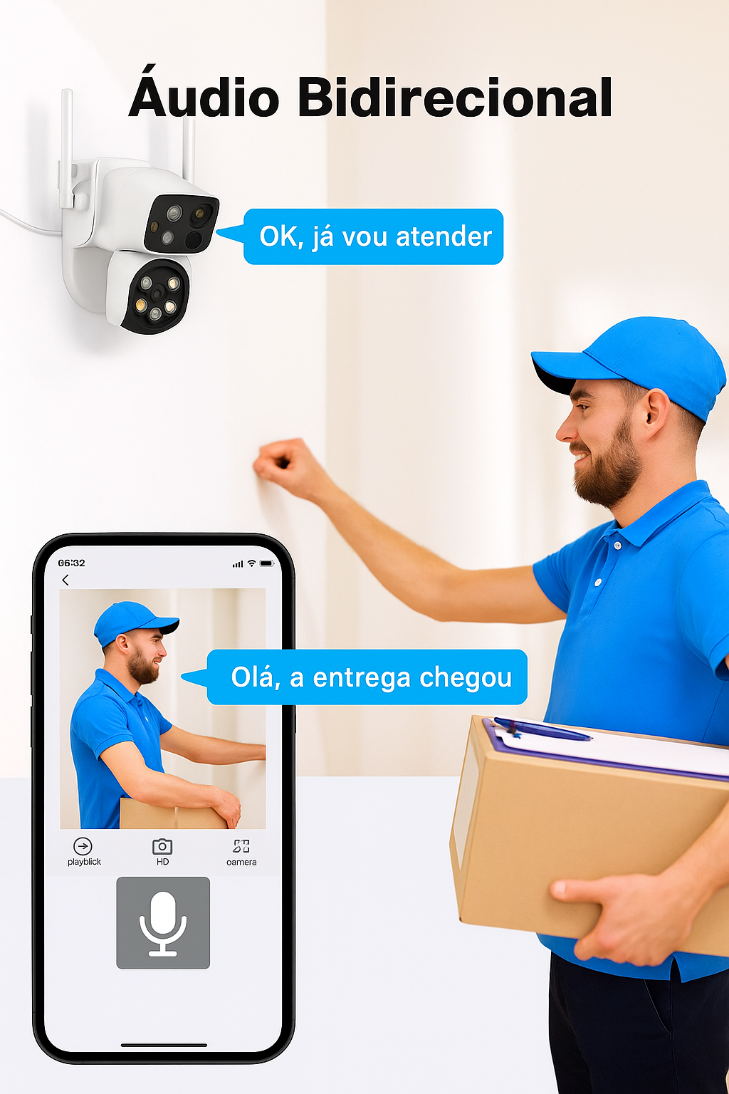 Câmera de segurança 4K com Wi-Fi, lente dupla, rotação PTZ, visão noturna e proteção IP66. Ideal para monitoramento residencial ou comercial.