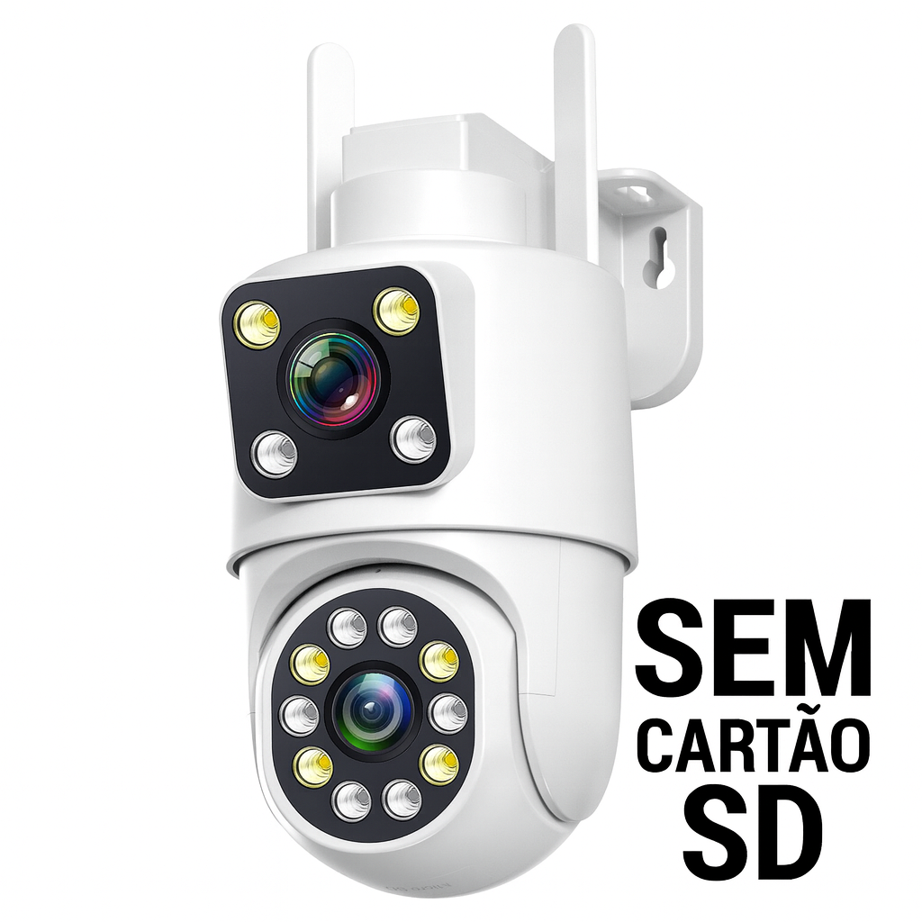 Câmera de segurança 4K com Wi-Fi, lente dupla, rotação PTZ, visão noturna e proteção IP66. Ideal para monitoramento residencial ou comercial.