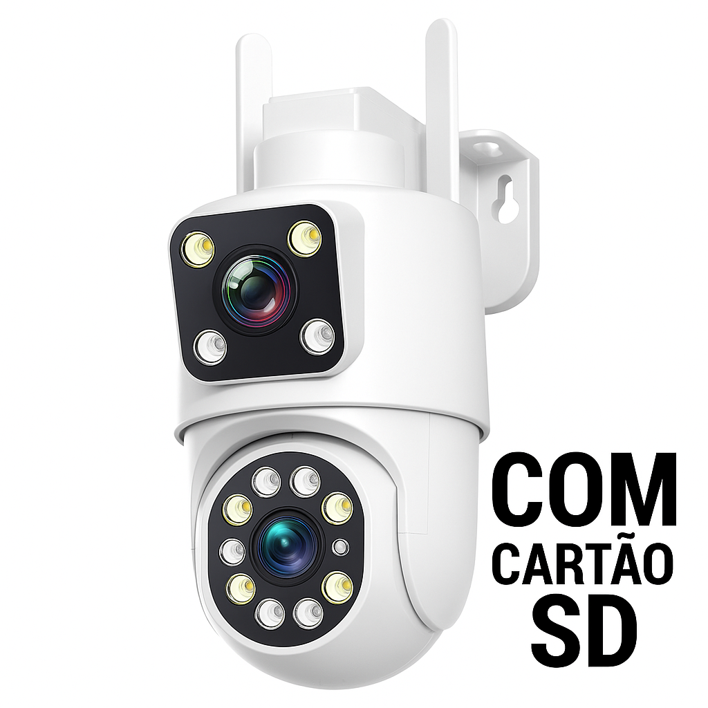 Câmera de segurança 4K com Wi-Fi, lente dupla, rotação PTZ, visão noturna e proteção IP66. Ideal para monitoramento residencial ou comercial.