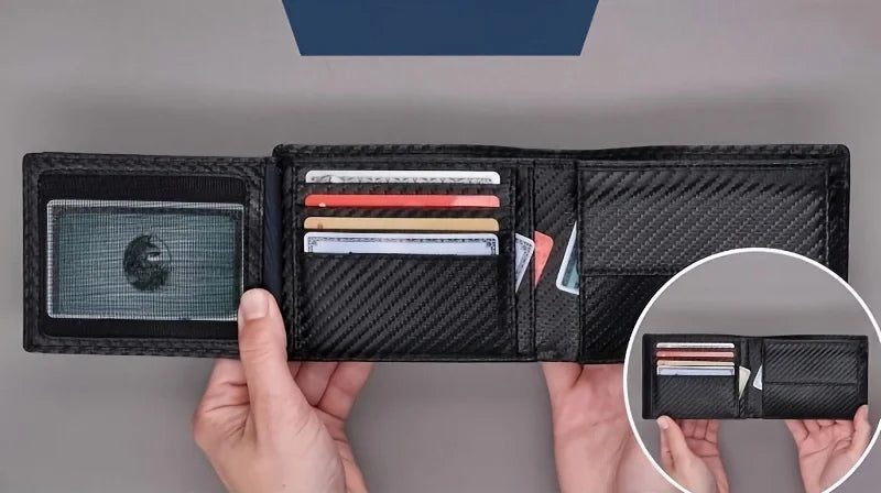Carteira de fibra de carbono com bloqueio RFID, bolso para moedas com zíper e espaço para cartões e cédulas. Leve, segura e resistente.