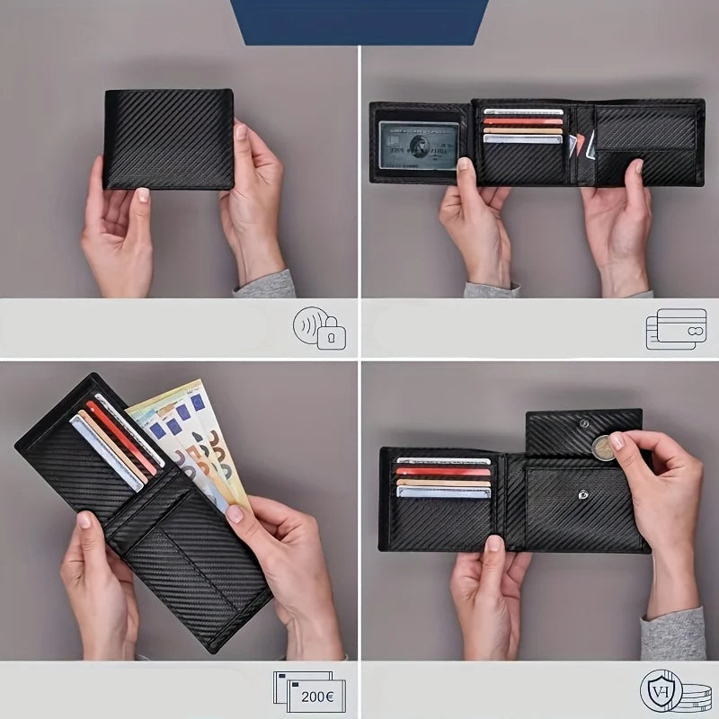 Carteira de fibra de carbono com bloqueio RFID, bolso para moedas com zíper e espaço para cartões e cédulas. Leve, segura e resistente.