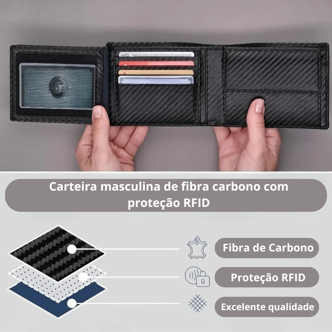 Carteira de fibra de carbono com bloqueio RFID, bolso para moedas com zíper e espaço para cartões e cédulas. Leve, segura e resistente.