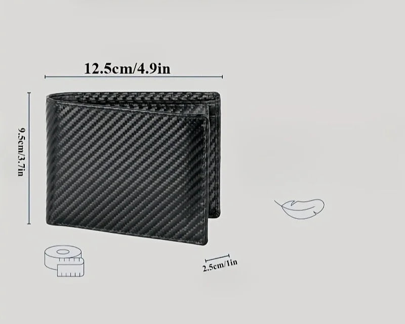 Carteira de fibra de carbono com bloqueio RFID, bolso para moedas com zíper e espaço para cartões e cédulas. Leve, segura e resistente.