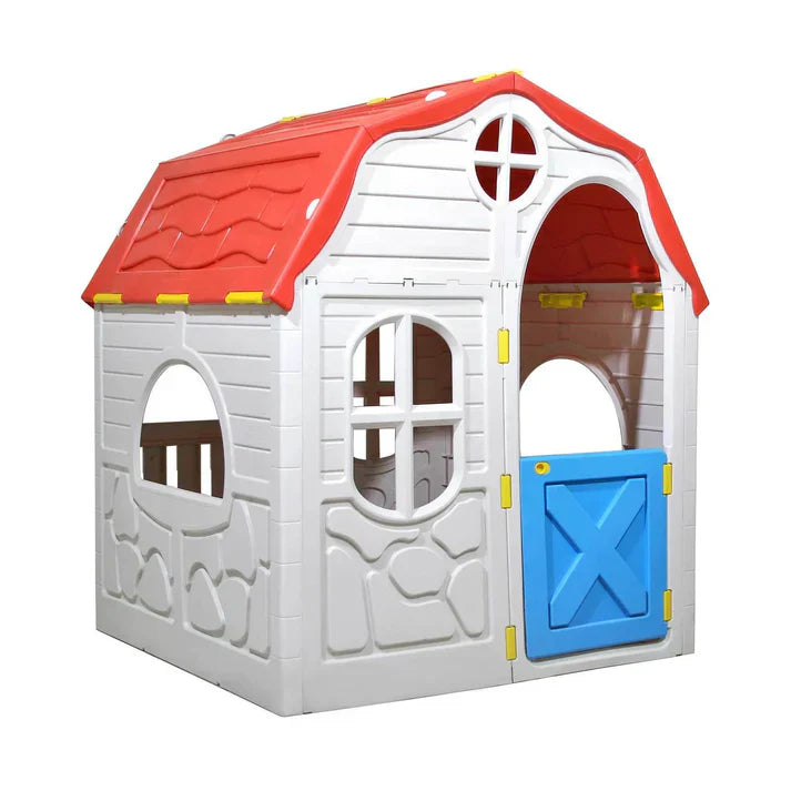 Casinha infantil portátil dobrável colorida com janelas e cortinas, ideal para brincadeiras e leitura em ambientes internos ou externos