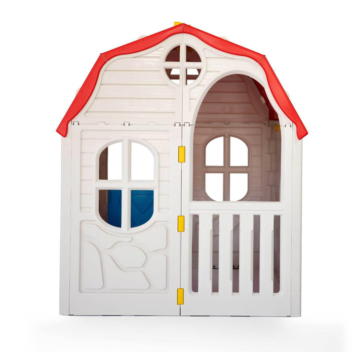 Casinha infantil portátil dobrável colorida com janelas e cortinas, ideal para brincadeiras e leitura em ambientes internos ou externos