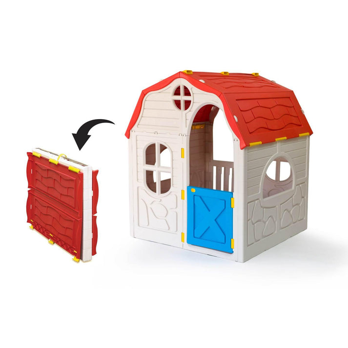 Casinha infantil portátil dobrável colorida com janelas e cortinas, ideal para brincadeiras e leitura em ambientes internos ou externos
