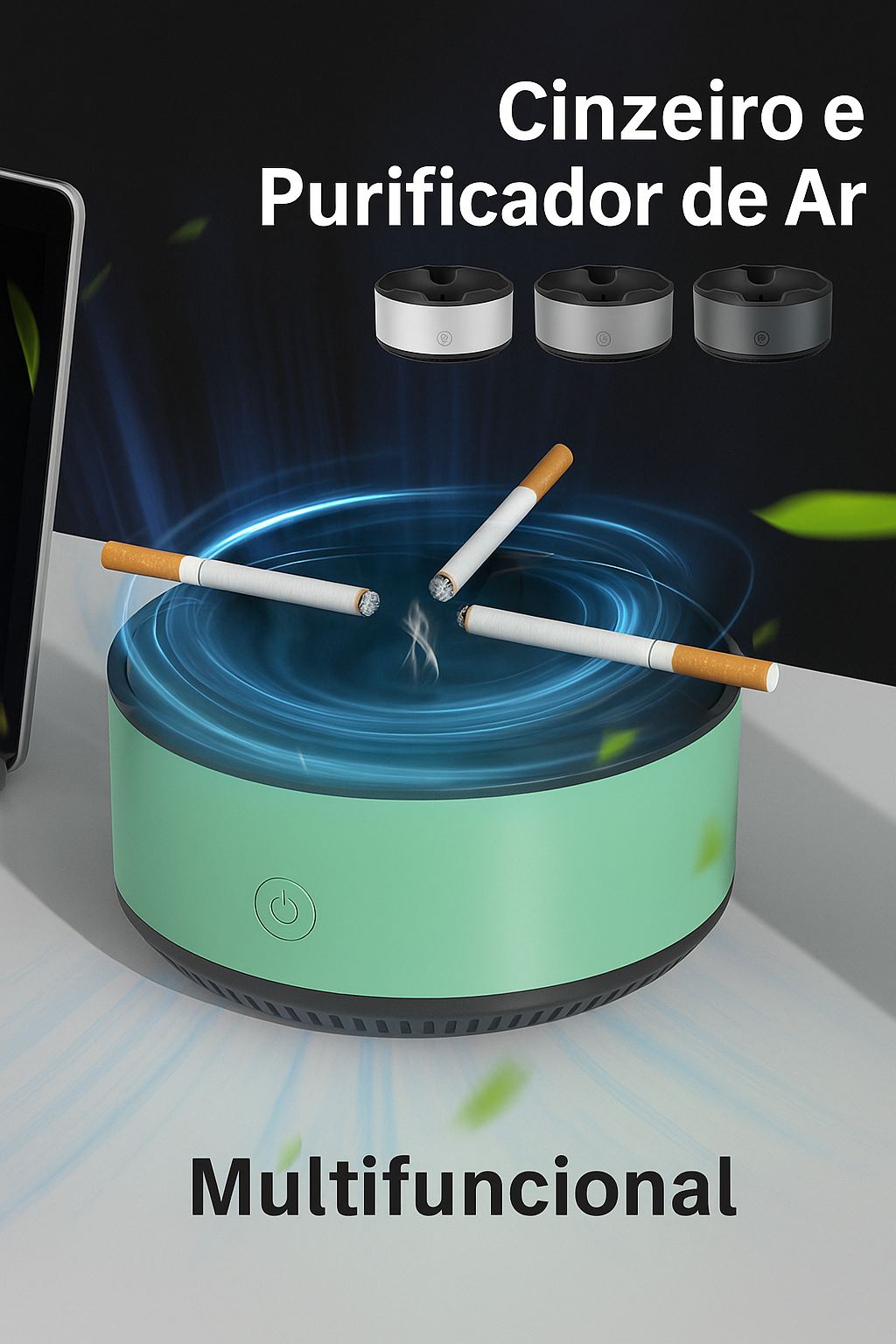 Cinzeiro com purificador de ar e filtro de carvão ativado. Elimina fumaça e odores de cigarro em segundos. Portátil, silencioso e recarregável via USB.