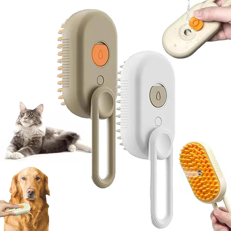 Escova elétrica para pets que remove pelos soltos e massageia. Recarregável por USB, ergonômica e segura para cães e gatos.