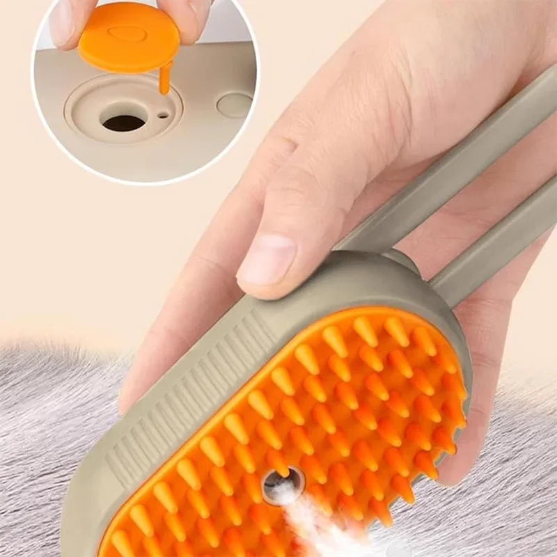 Escova elétrica para pets que remove pelos soltos e massageia. Recarregável por USB, ergonômica e segura para cães e gatos.