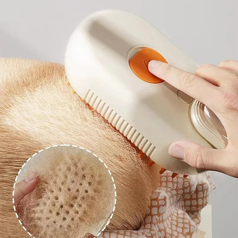 Escova elétrica para pets que remove pelos soltos e massageia. Recarregável por USB, ergonômica e segura para cães e gatos.