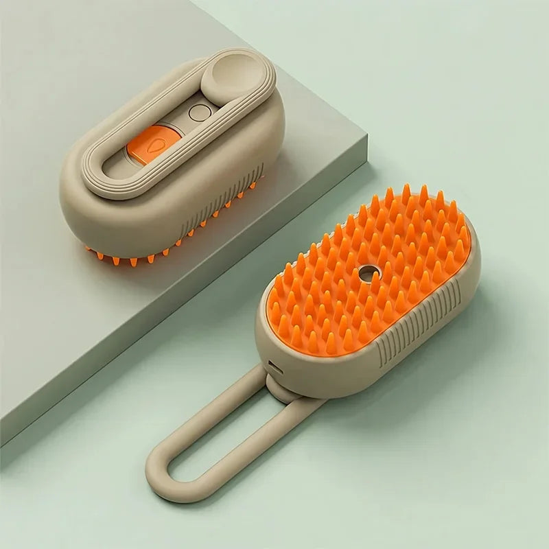 Escova elétrica para pets que remove pelos soltos e massageia. Recarregável por USB, ergonômica e segura para cães e gatos.