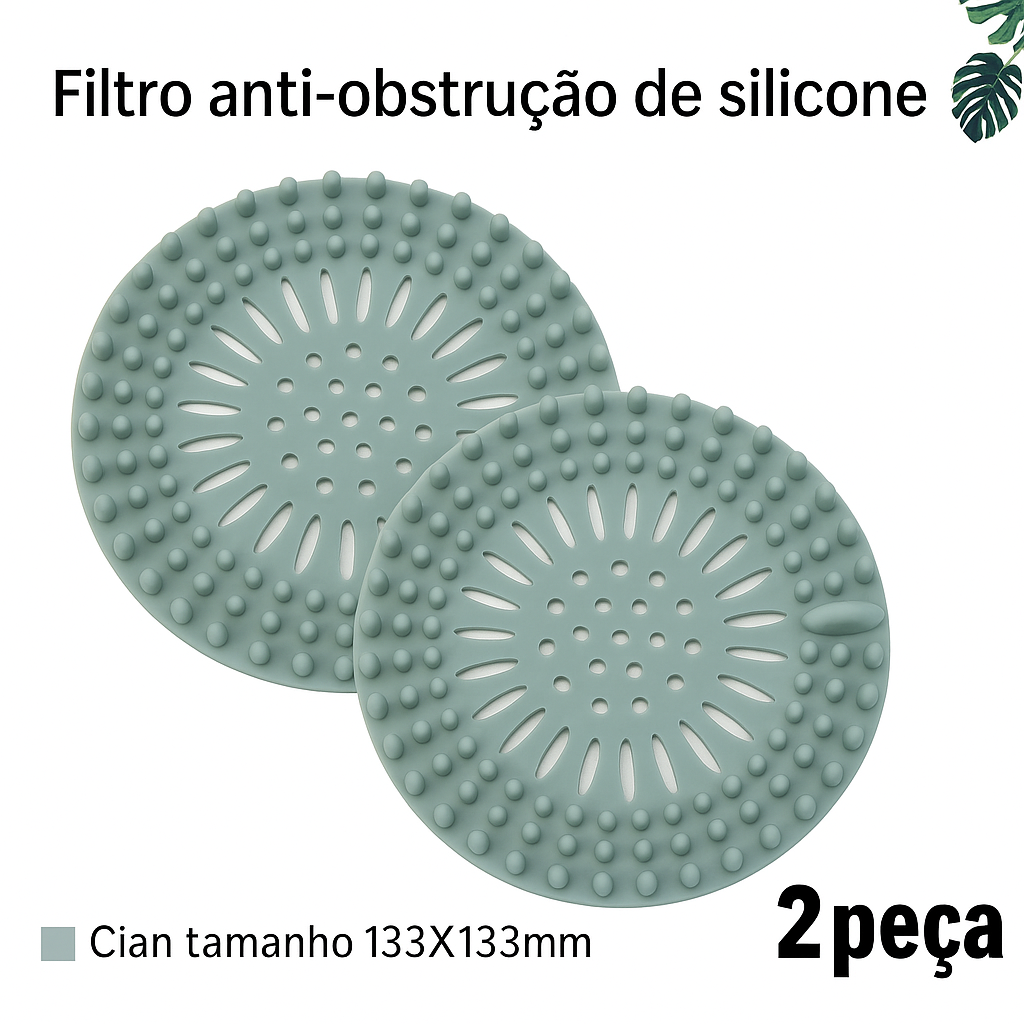 Filtro de silicone para ralo com malha anti-cabelos. Reutilizável, flexível e ideal para pias, banheiros, tanques e cozinhas.