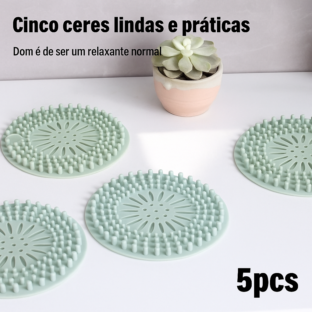 Filtro de silicone para ralo com malha anti-cabelos. Reutilizável, flexível e ideal para pias, banheiros, tanques e cozinhas.