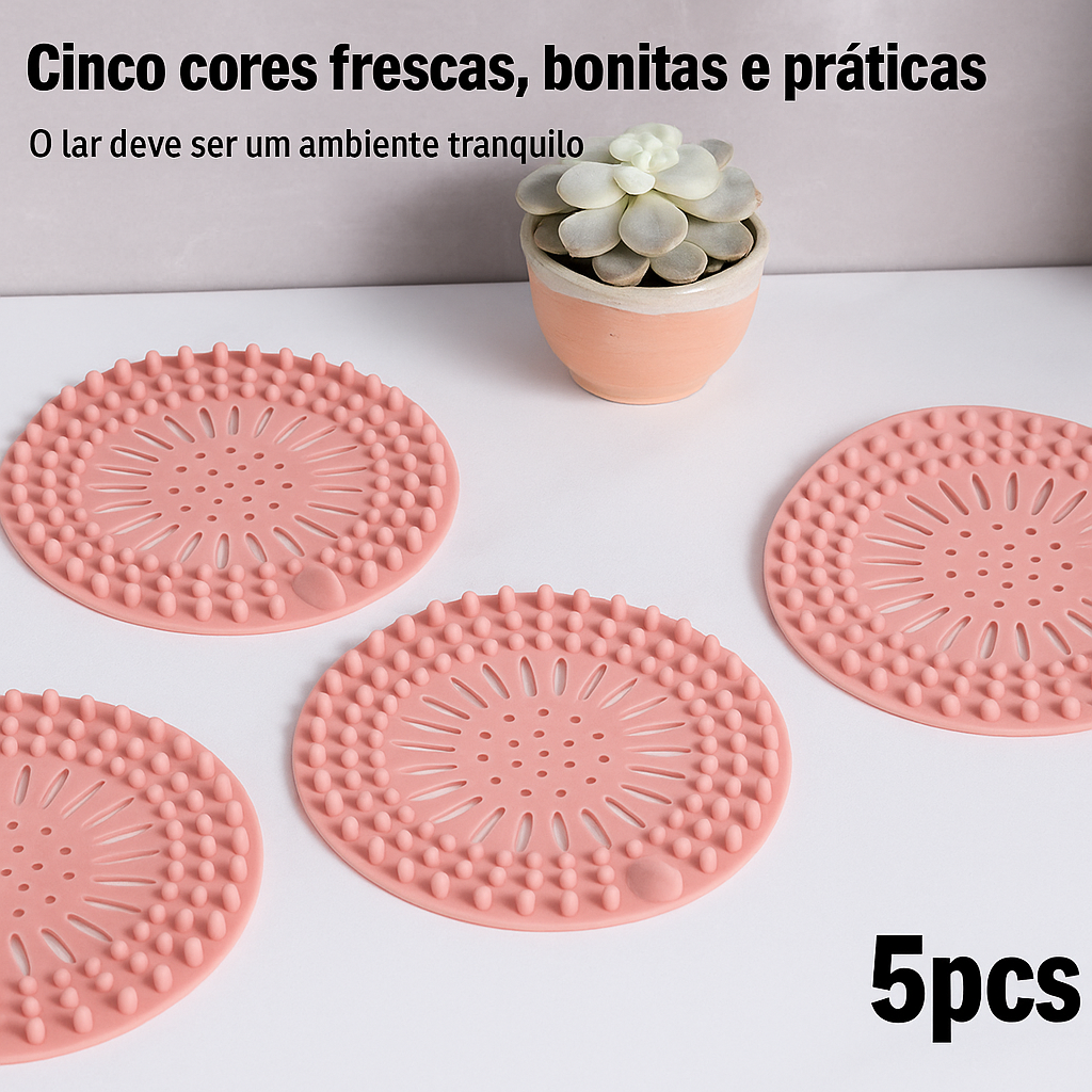 Filtro de silicone para ralo com malha anti-cabelos. Reutilizável, flexível e ideal para pias, banheiros, tanques e cozinhas.
