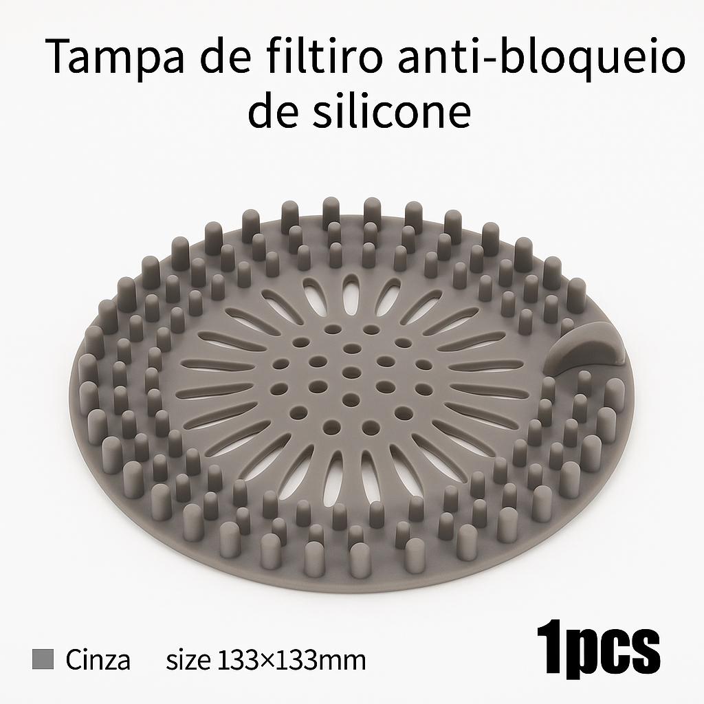Filtro de silicone para ralo com malha anti-cabelos. Reutilizável, flexível e ideal para pias, banheiros, tanques e cozinhas.