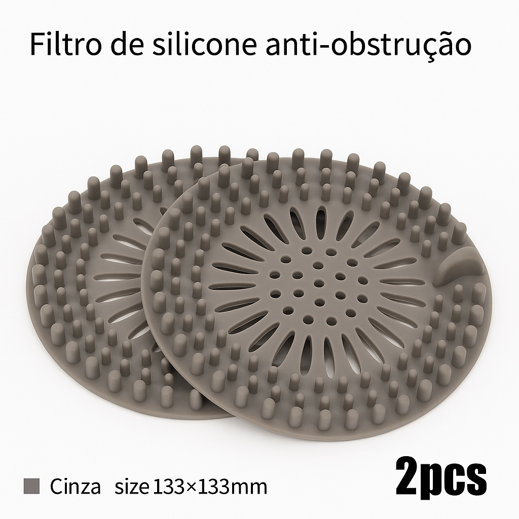Filtro de silicone para ralo com malha anti-cabelos. Reutilizável, flexível e ideal para pias, banheiros, tanques e cozinhas.