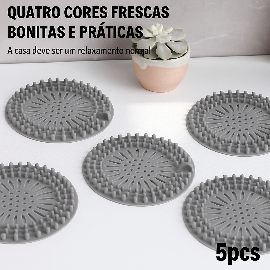 Filtro de silicone para ralo com malha anti-cabelos. Reutilizável, flexível e ideal para pias, banheiros, tanques e cozinhas.