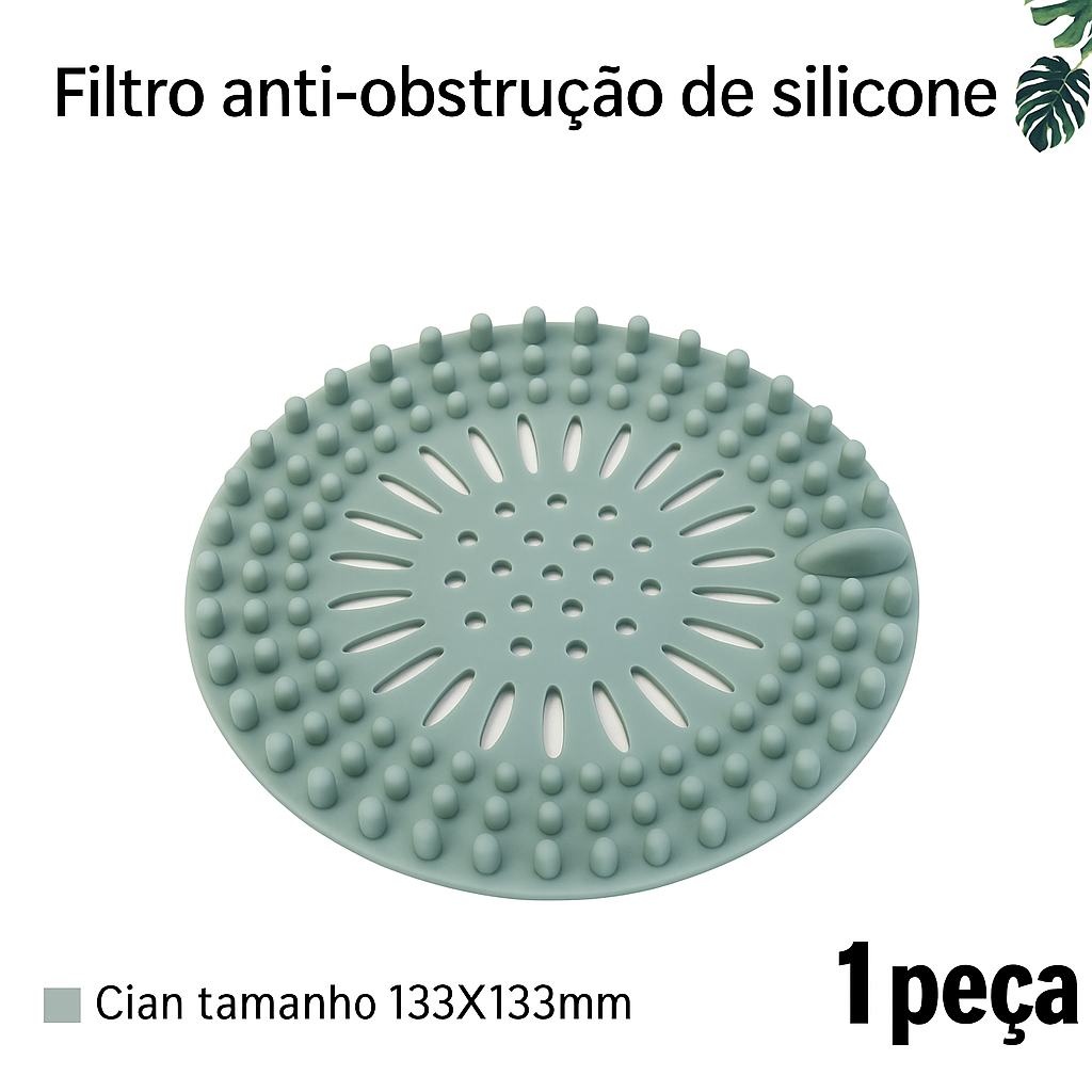 Filtro de silicone para ralo com malha anti-cabelos. Reutilizável, flexível e ideal para pias, banheiros, tanques e cozinhas.