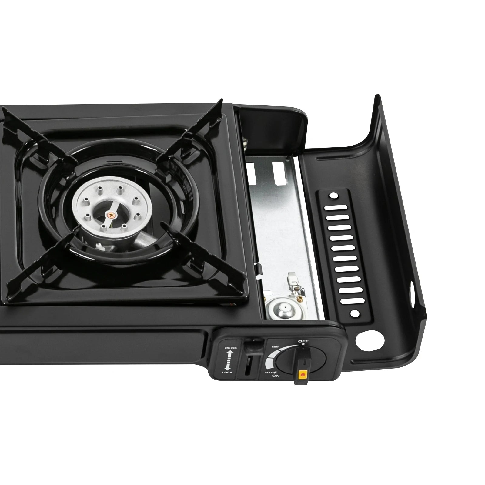 Fogão portátil a gás GLP com ignição piezoelétrica e estrutura compacta. Ideal para camping, viagens e uso emergencial com segurança.