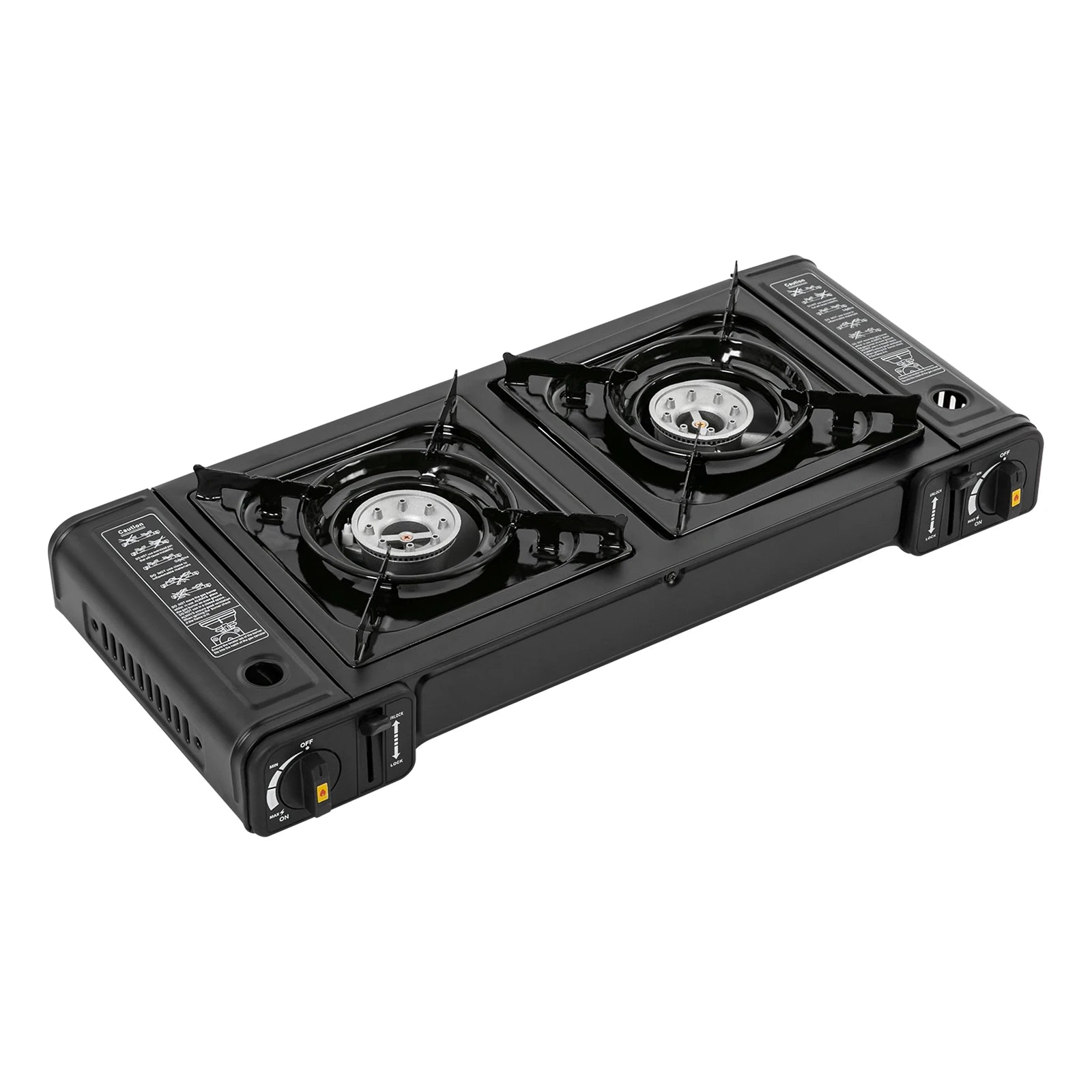 Fogão portátil a gás GLP com ignição piezoelétrica e estrutura compacta. Ideal para camping, viagens e uso emergencial com segurança.