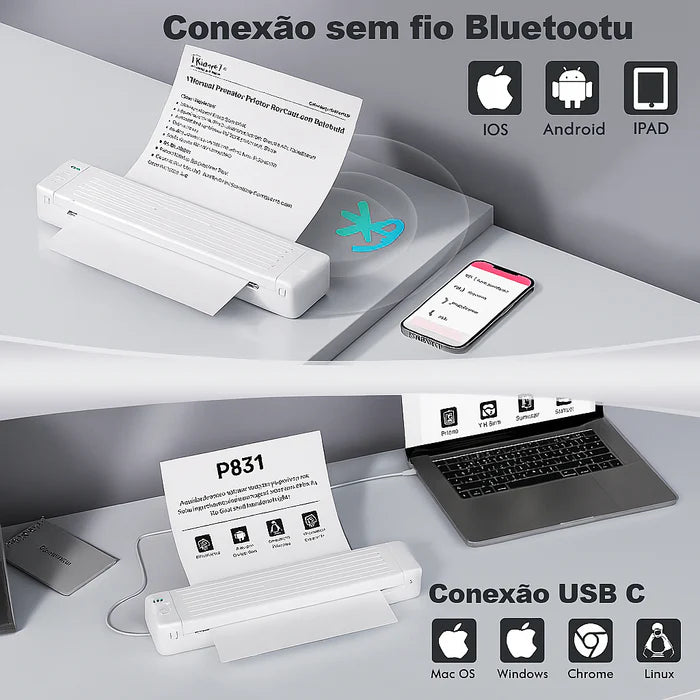 Impressora portátil A4 Bluetooth compatível com Android, iOS e Windows.