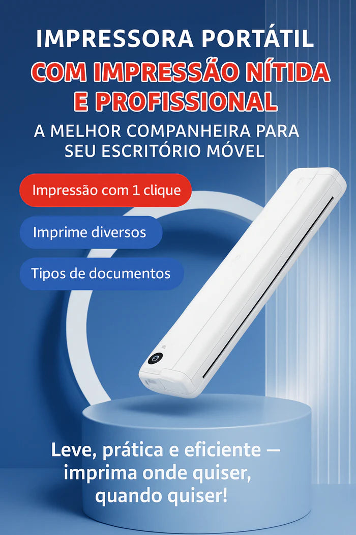 Impressora portátil A4 Bluetooth compatível com Android, iOS e Windows.