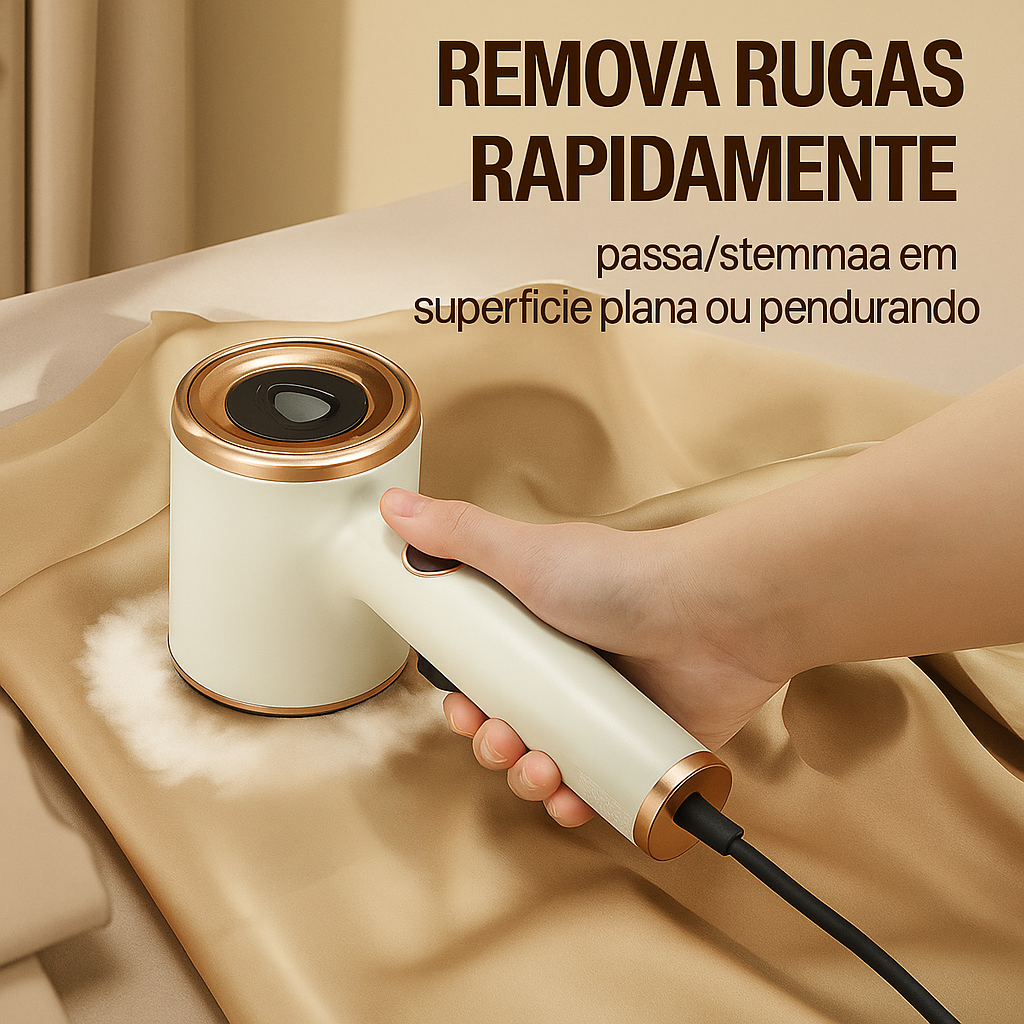 Máquina de passar roupa portátil com vapor seco e úmido. Compacta, leve e ideal para uso suspenso em viagens ou no dia a dia.