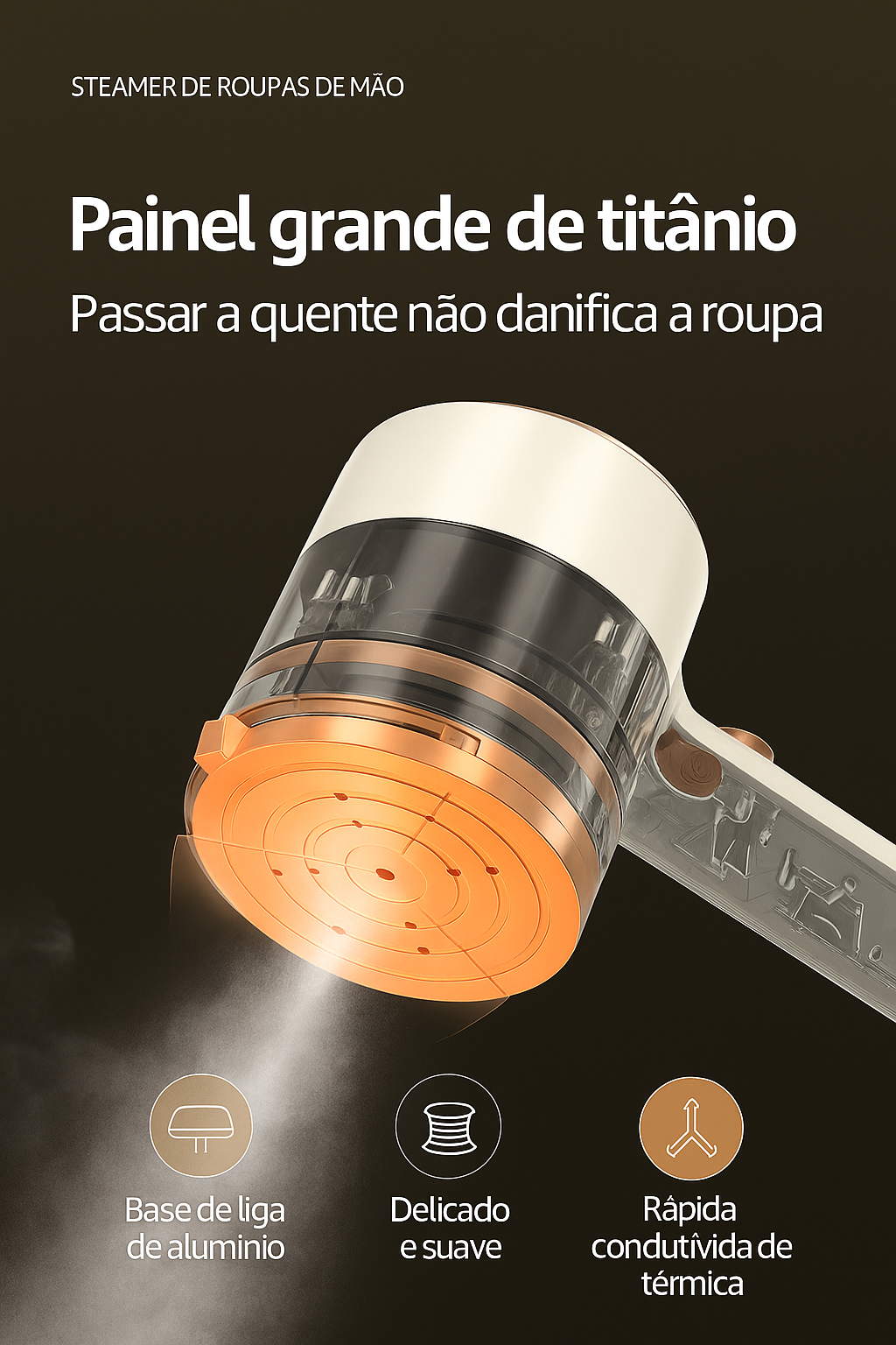 Máquina de passar roupa portátil com vapor seco e úmido. Compacta, leve e ideal para uso suspenso em viagens ou no dia a dia.