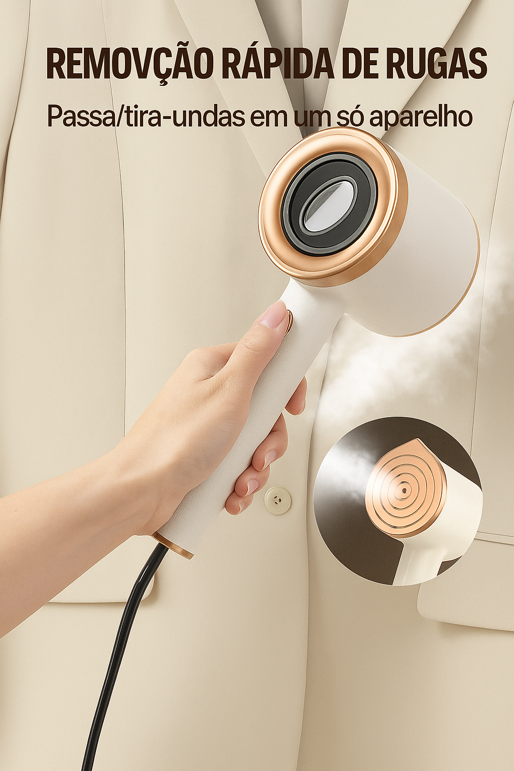 Máquina de passar roupa portátil com vapor seco e úmido. Compacta, leve e ideal para uso suspenso em viagens ou no dia a dia.