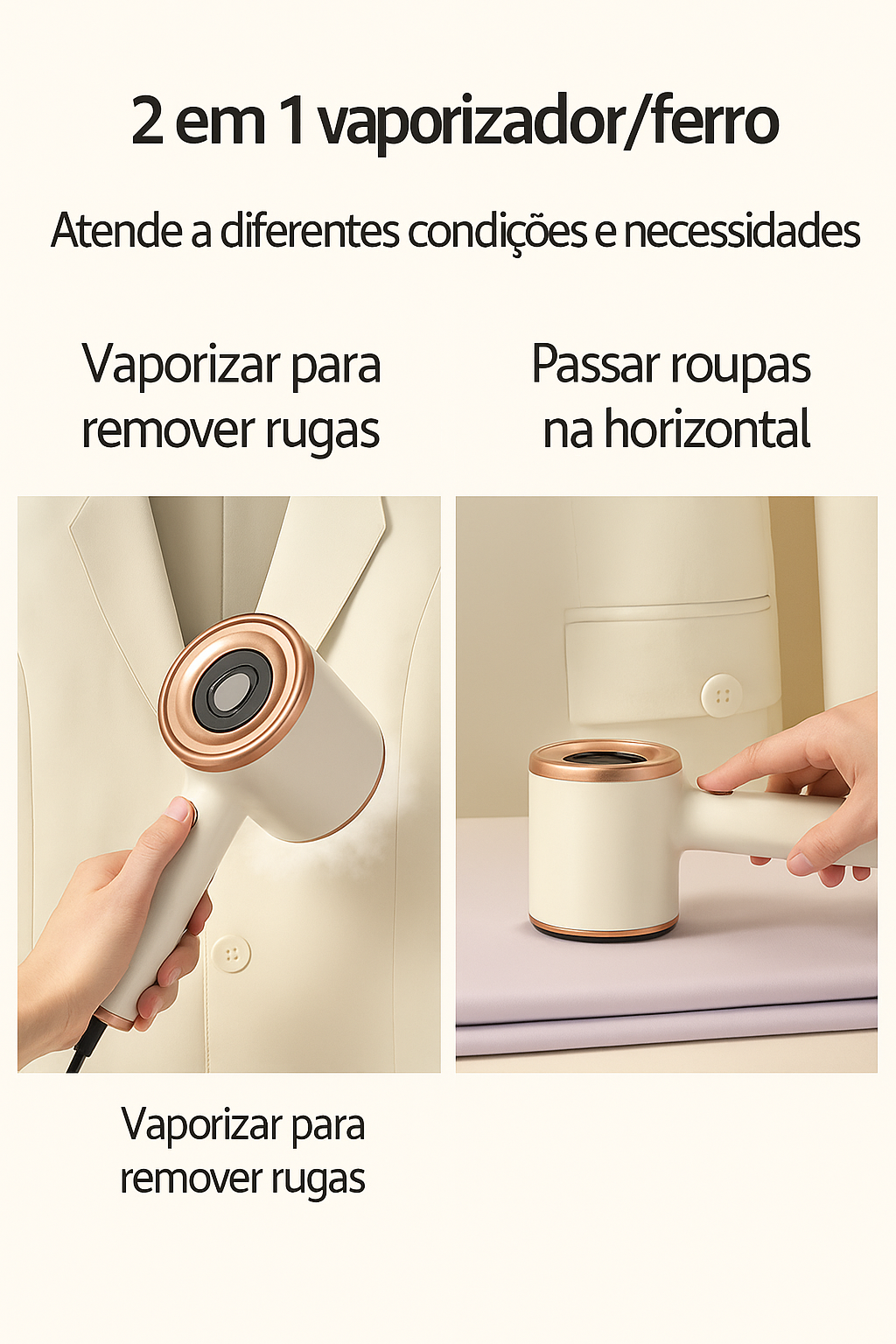 Máquina de passar roupa portátil com vapor seco e úmido. Compacta, leve e ideal para uso suspenso em viagens ou no dia a dia.