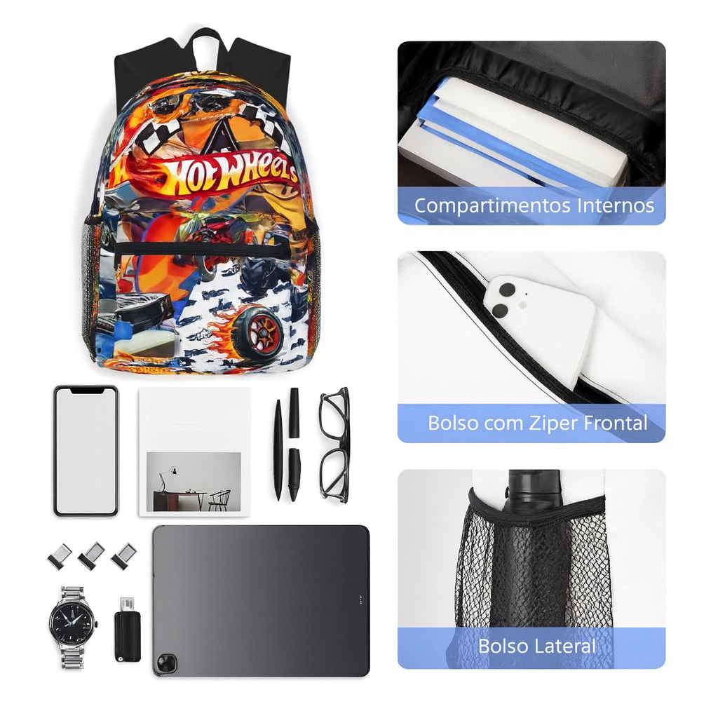 Mochila Hot Wheels infantil com estampa de carrinhos de corrida, material poliéster resistente, alças acolchoadas, bolsos laterais e design estilizado, perfeita para escola.