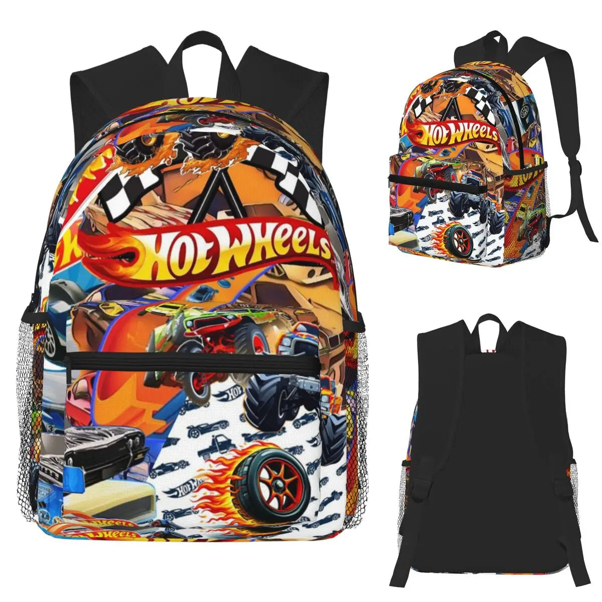Mochila Hot Wheels infantil com estampa de carrinhos de corrida, material poliéster resistente, alças acolchoadas, bolsos laterais e design estilizado, perfeita para escola.
