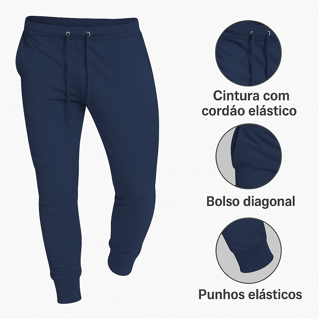 Calça Jogger SoftFit masculina em algodão, com bolsos, cós ajustável e punhos nas barras. Visual moderno e confortável para o dia a dia.