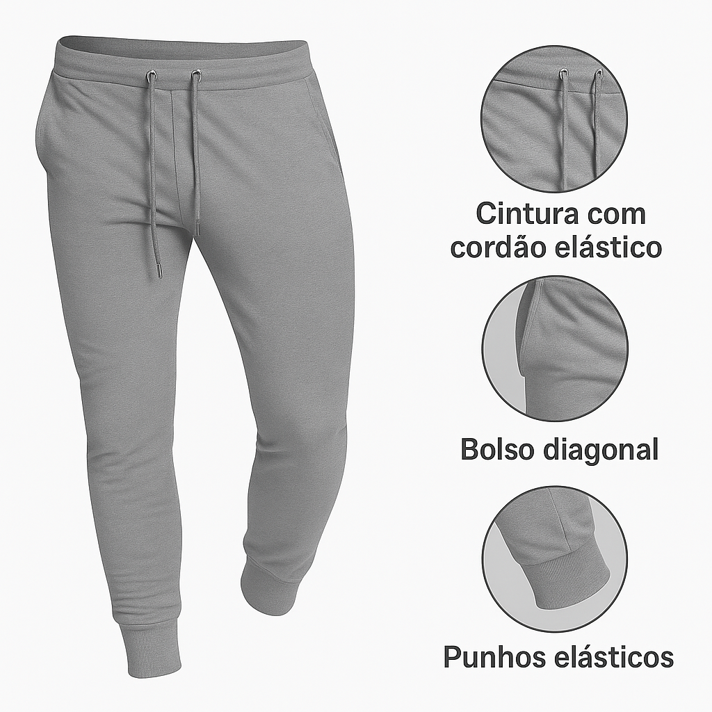 Calça Jogger SoftFit masculina em algodão, com bolsos, cós ajustável e punhos nas barras. Visual moderno e confortável para o dia a dia.