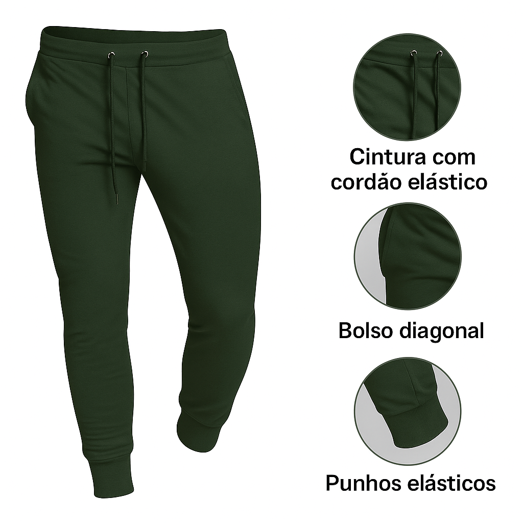 Calça Jogger SoftFit masculina em algodão, com bolsos, cós ajustável e punhos nas barras. Visual moderno e confortável para o dia a dia.