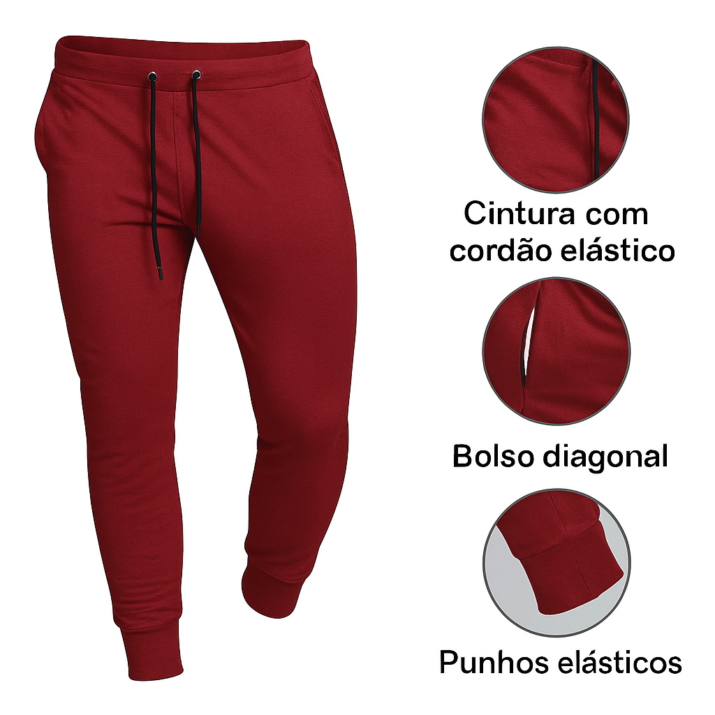 Calça Jogger SoftFit masculina em algodão, com bolsos, cós ajustável e punhos nas barras. Visual moderno e confortável para o dia a dia.