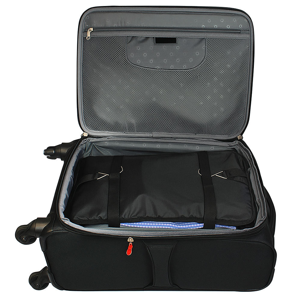 Kit de viagem com organizador de mala compacto que otimiza espaço.