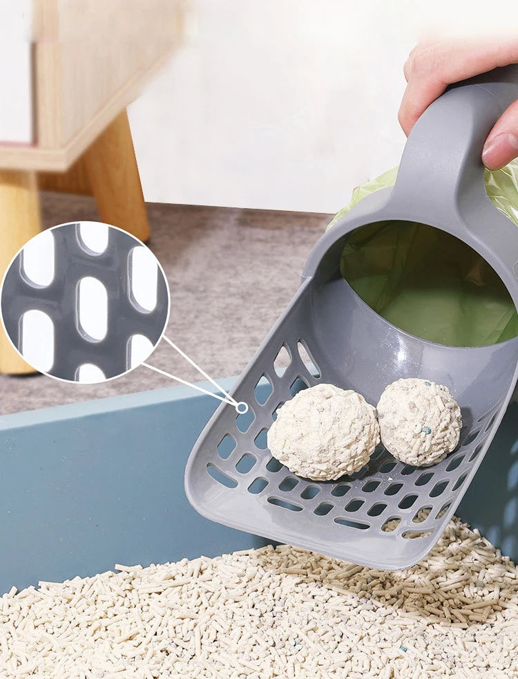 Pá de limpeza para gato com suporte para saco e filtro, ideal para remover resíduos da caixa de areia com higiene, sem contato e sem mau cheiro.