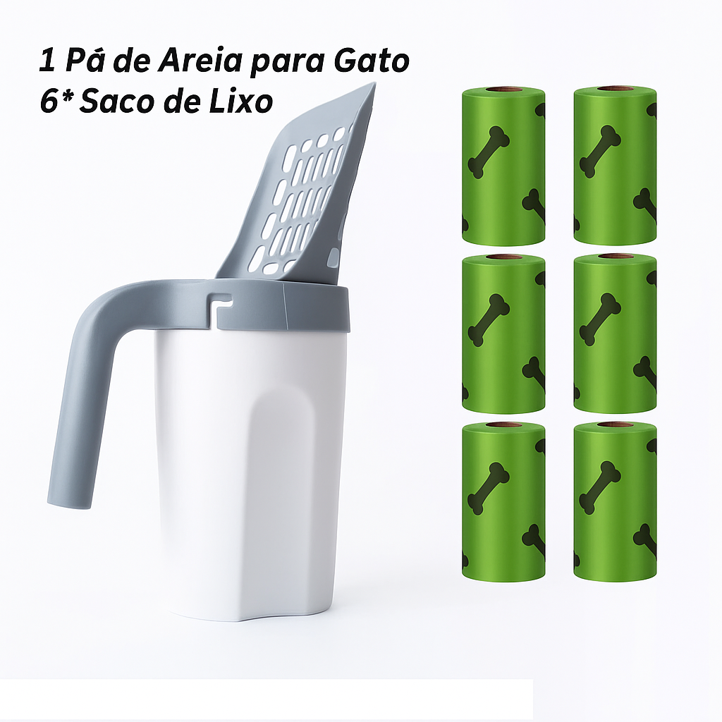 Pá de limpeza para gato com suporte para saco e filtro, ideal para remover resíduos da caixa de areia com higiene, sem contato e sem mau cheiro.