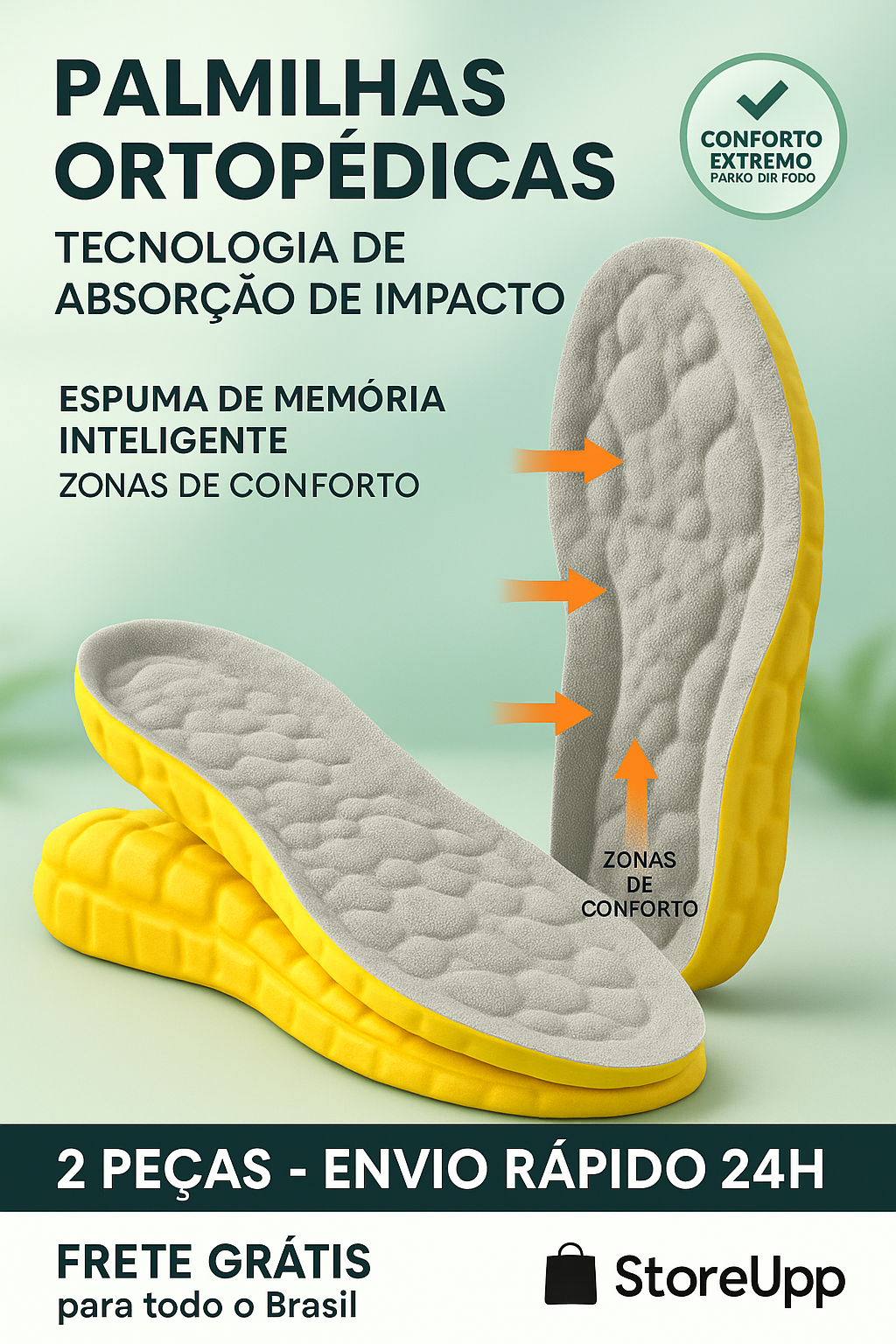 Palmilha ortopédica 4D Cloud com sola de PU para conforto e suporte.