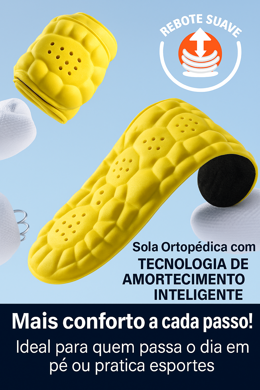 Palmilha ortopédica 4D Cloud com sola de PU para conforto e suporte.
