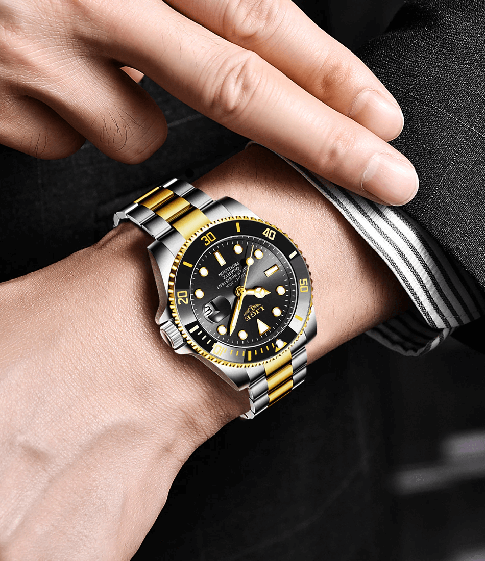 Relógio masculino em aço inoxidável, resistente à água, com design elegante e mecanismo preciso para estilo e desempenho diário.