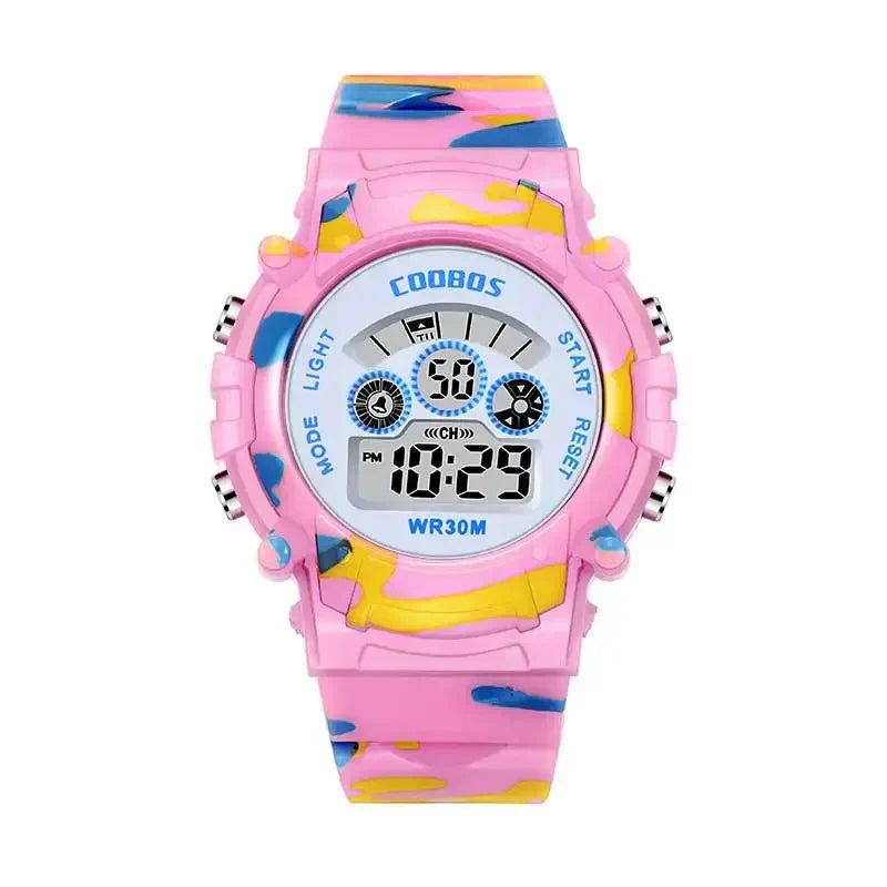 Relógio infantil colorido com mostrador fácil de ler e pulseira confortável, perfeito para aprender as horas de forma divertida.