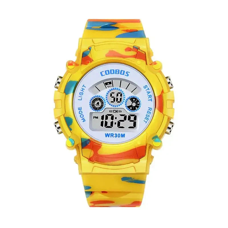 Relógio infantil colorido com mostrador fácil de ler e pulseira confortável, perfeito para aprender as horas de forma divertida.